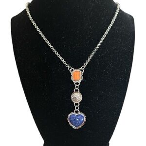 Silvery Triple Pendant Necklace beautiful blue heart, star flower & orange charm